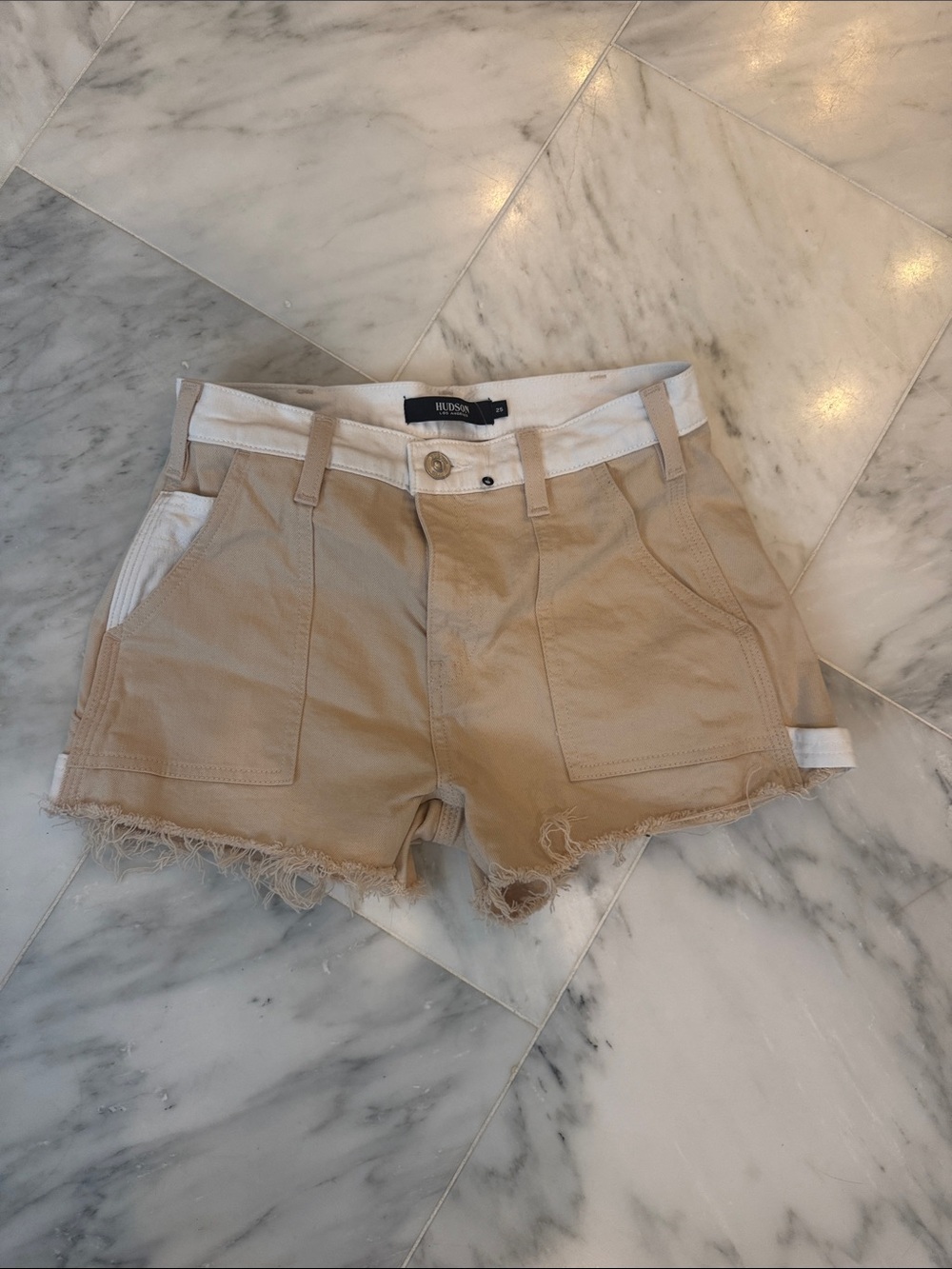 Hudson Jeans Tan Frayed Hem Utility Shorts with White Waistband